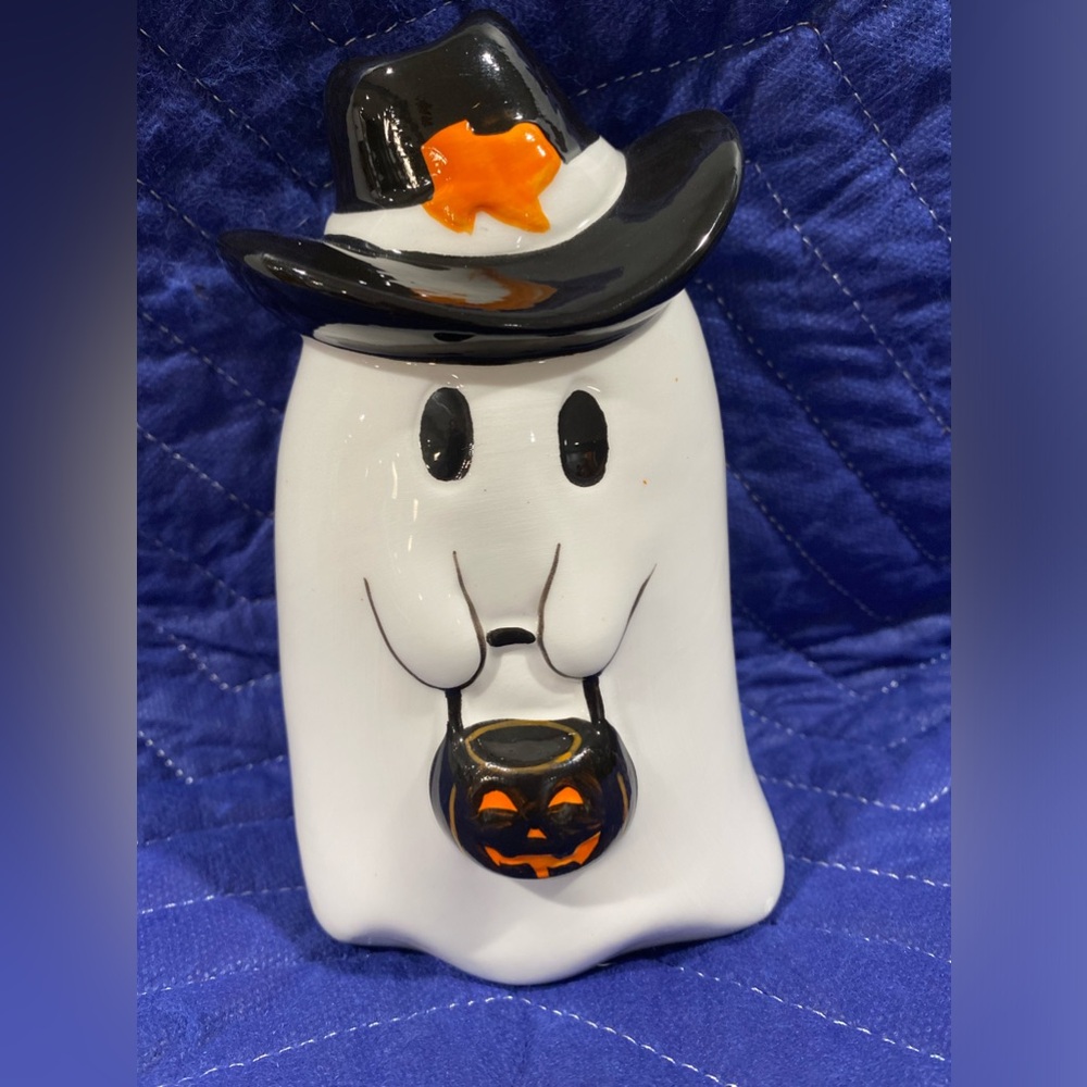 Ceramic Texas Cowboy Ghost holding Pumpkin Pale